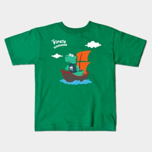 Vector illustration of dinosaur pirate on a ship at the sea Kids T-Shirt